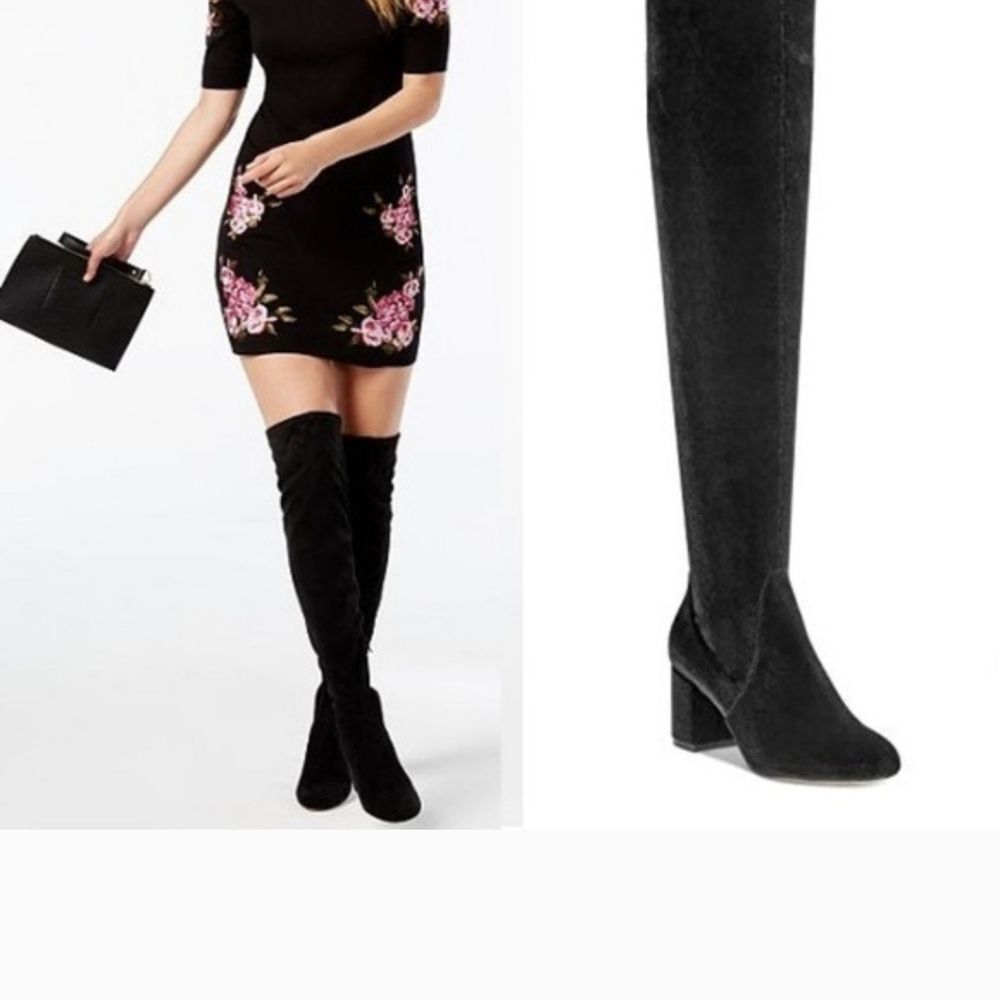 INC International Concepts Over the Knee Velvet Black Boots Block Heel 6